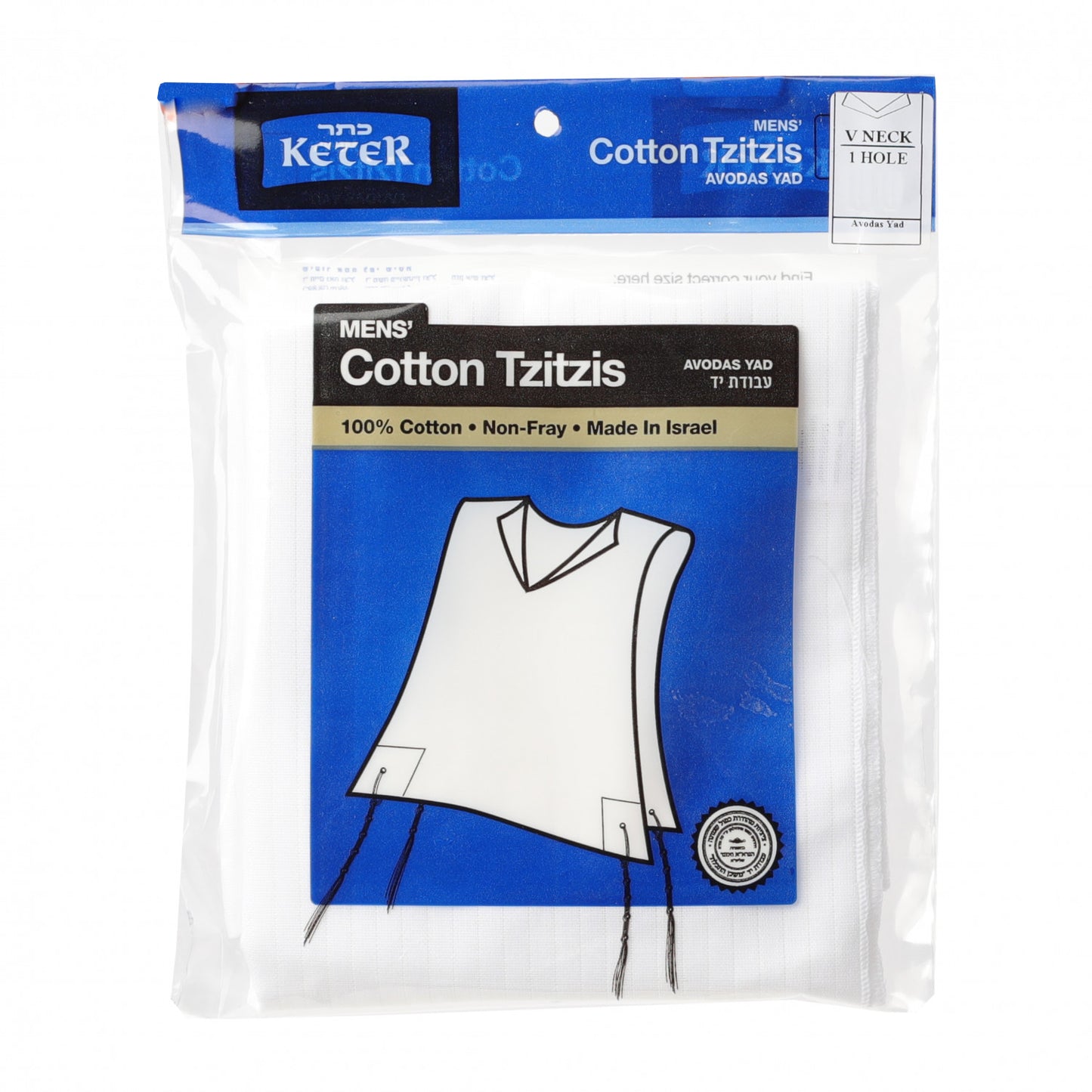 Cotton Tzitzis - Ashkenaz - V-Neck - 1 Hole - Keter - Adult